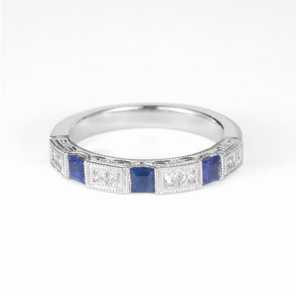Art Deco Sapphire &amp; Princess - Cut Diamond Milgrain Eternity Ring in 18K Gold - JewelryAndStore