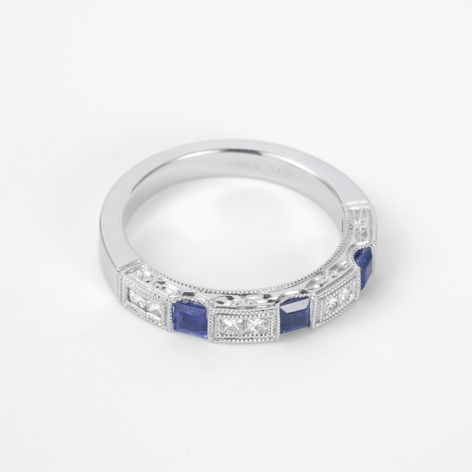 Art Deco Sapphire &amp; Princess - Cut Diamond Milgrain Eternity Ring in 18K Gold - JewelryAndStore