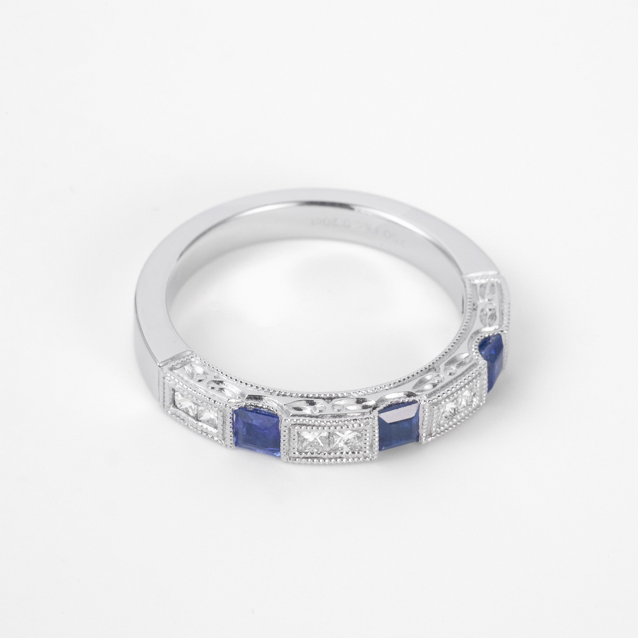 Art Deco Sapphire &amp; Princess - Cut Diamond Milgrain Eternity Ring in 18K Gold - JewelryAndStore