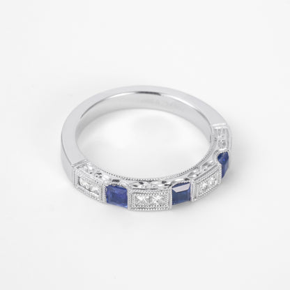 Art Deco Sapphire &amp; Princess - Cut Diamond Milgrain Eternity Ring in 18K Gold - JewelryAndStore