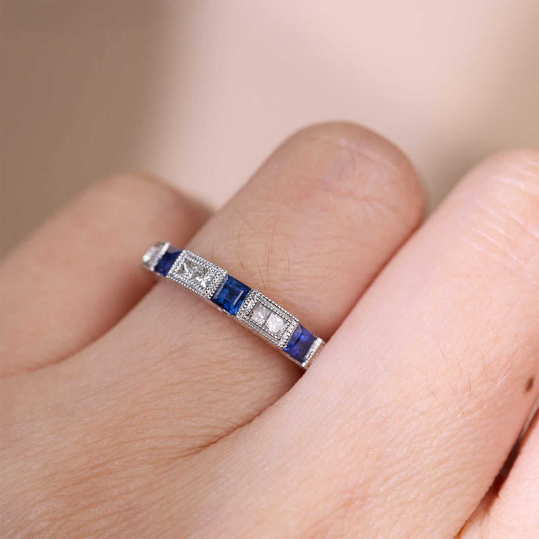 Art Deco Sapphire &amp; Princess - Cut Diamond Milgrain Eternity Ring in 18K Gold - JewelryAndStore