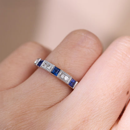 Art Deco Sapphire &amp; Princess - Cut Diamond Milgrain Eternity Ring in 18K Gold - JewelryAndStore