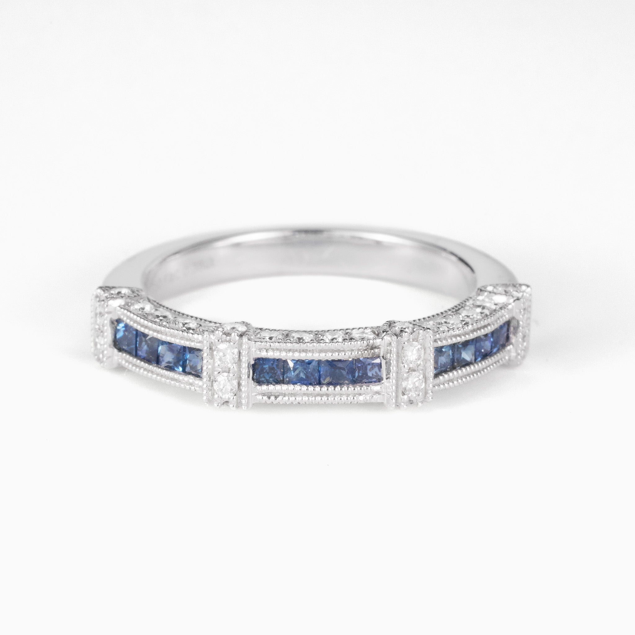 Art Deco Style Blue Sapphire &amp; Diamond Milgrain Half Eternity Ring in 18K Gold - JewelryAndStore