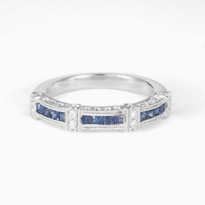 Art Deco Style Blue Sapphire &amp; Diamond Milgrain Half Eternity Ring in 18K Gold - JewelryAndStore