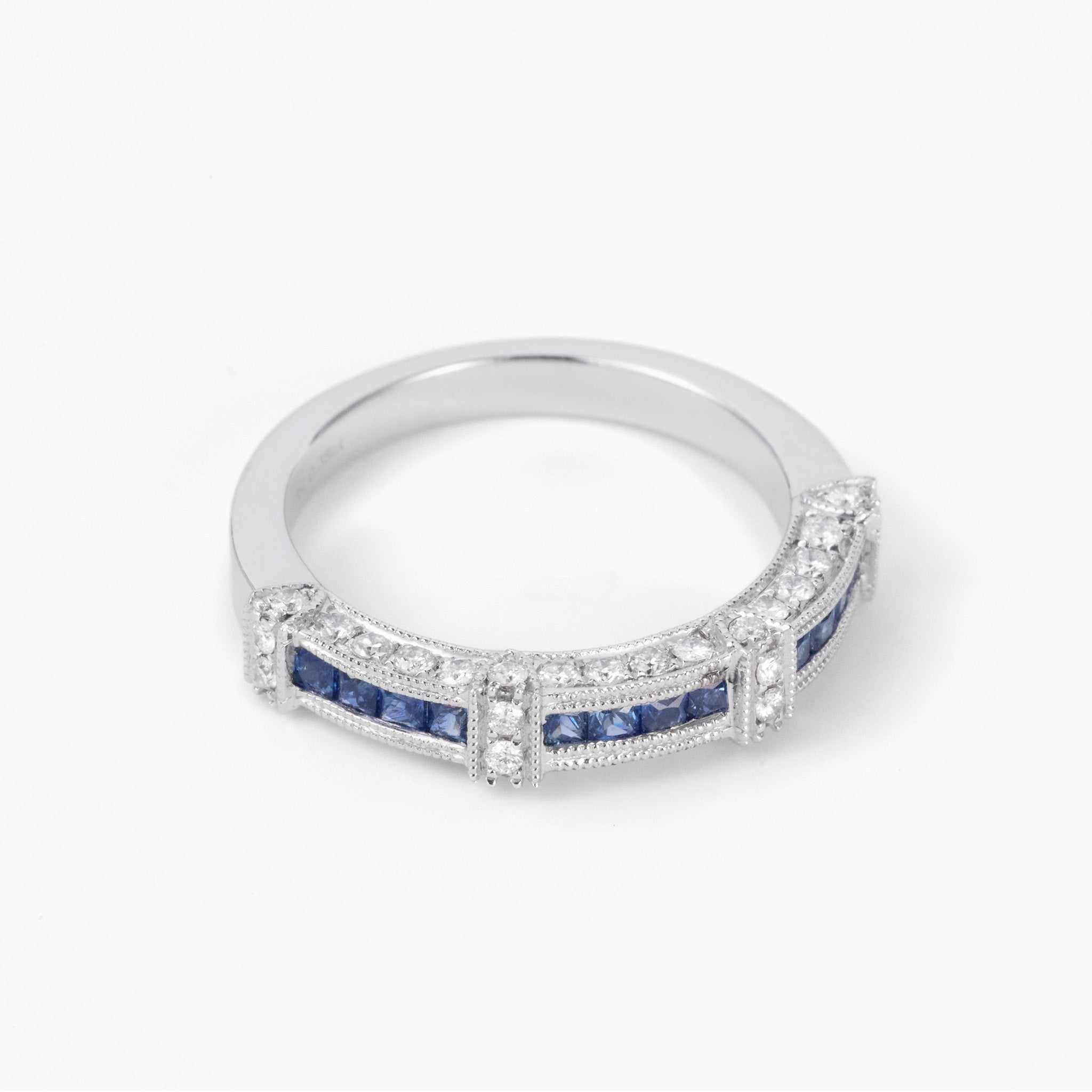 Art Deco Style Blue Sapphire &amp; Diamond Milgrain Half Eternity Ring in 18K Gold - JewelryAndStore