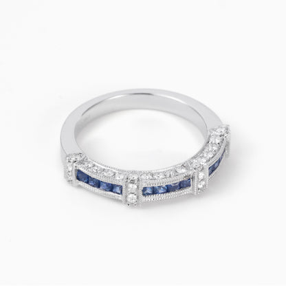 Art Deco Style Blue Sapphire &amp; Diamond Milgrain Half Eternity Ring in 18K Gold - JewelryAndStore