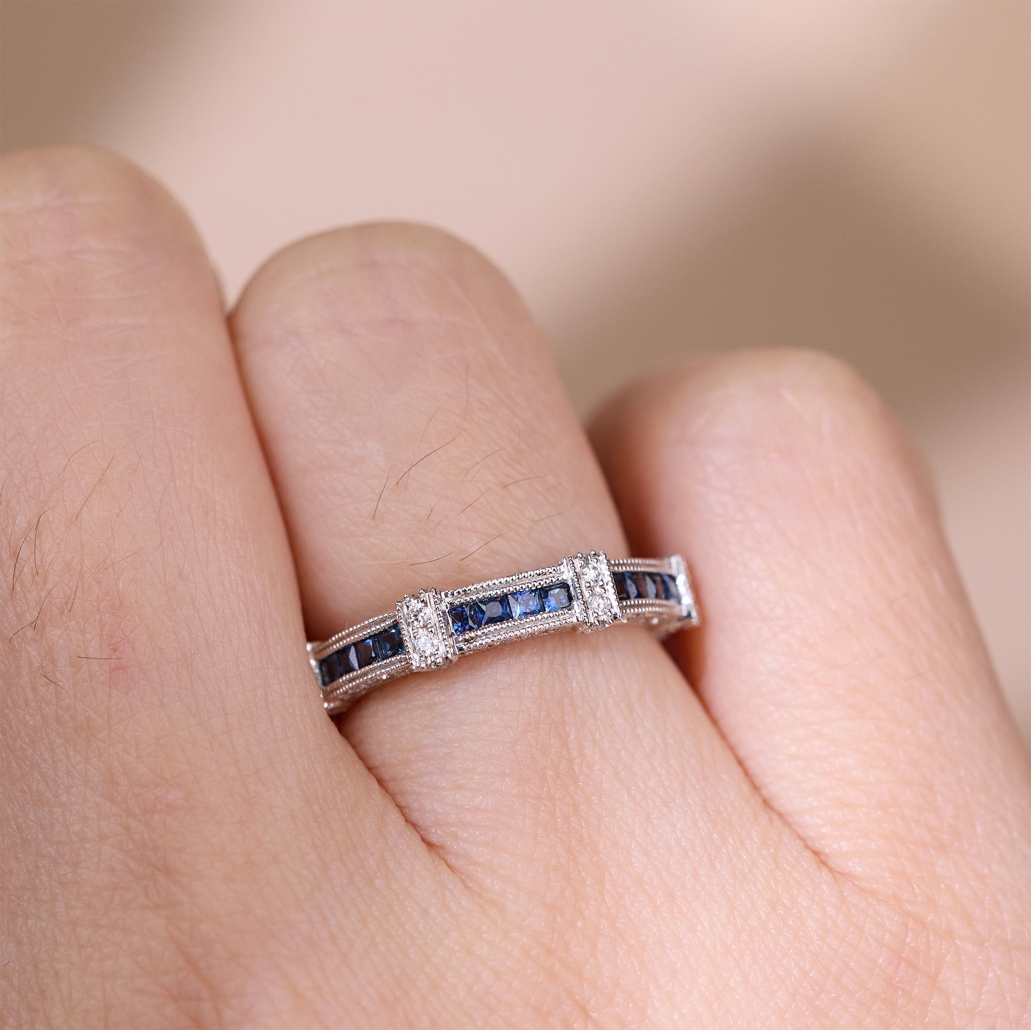 Art Deco Style Blue Sapphire &amp; Diamond Milgrain Half Eternity Ring in 18K Gold - JewelryAndStore