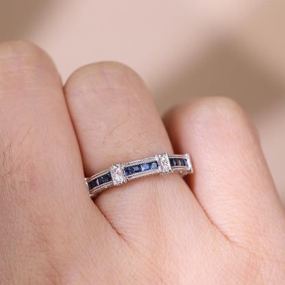 Art Deco Style Blue Sapphire &amp; Diamond Milgrain Half Eternity Ring in 18K Gold - JewelryAndStore