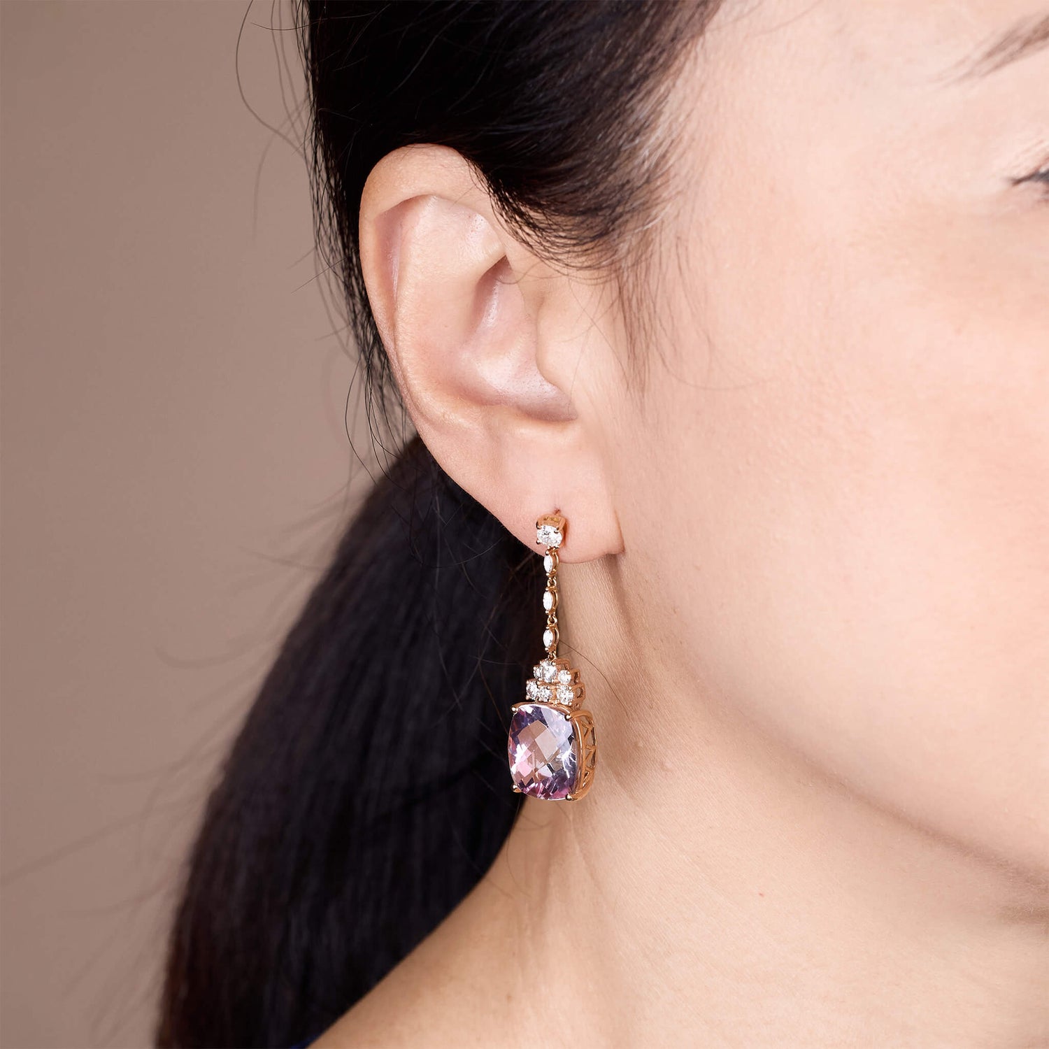 19.62ct Natural Pink Topaz and Diamond Drop Earrings in 18K Rose Gold - JewelryAndStore
