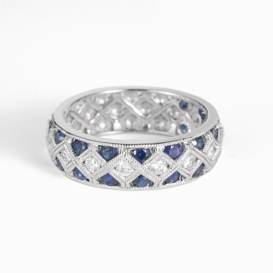 Art Deco Style Diamond and Blue Sapphire Band Ring in 14K Gold - JewelryAndStore