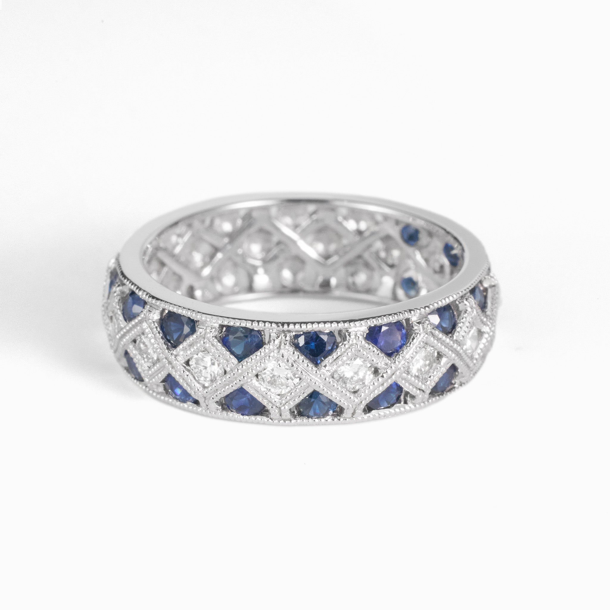Art Deco Style Diamond and Blue Sapphire Band Ring in 14K Gold - JewelryAndStore
