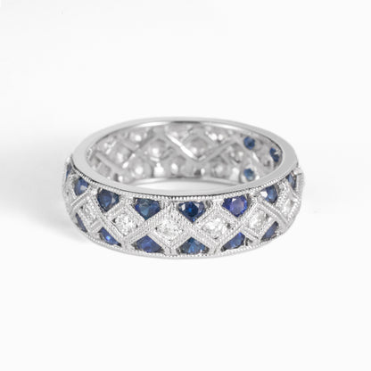 Art Deco Style Diamond and Blue Sapphire Band Ring in 14K Gold - JewelryAndStore