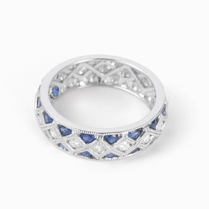 Art Deco Style Diamond and Blue Sapphire Band Ring in 14K Gold - JewelryAndStore