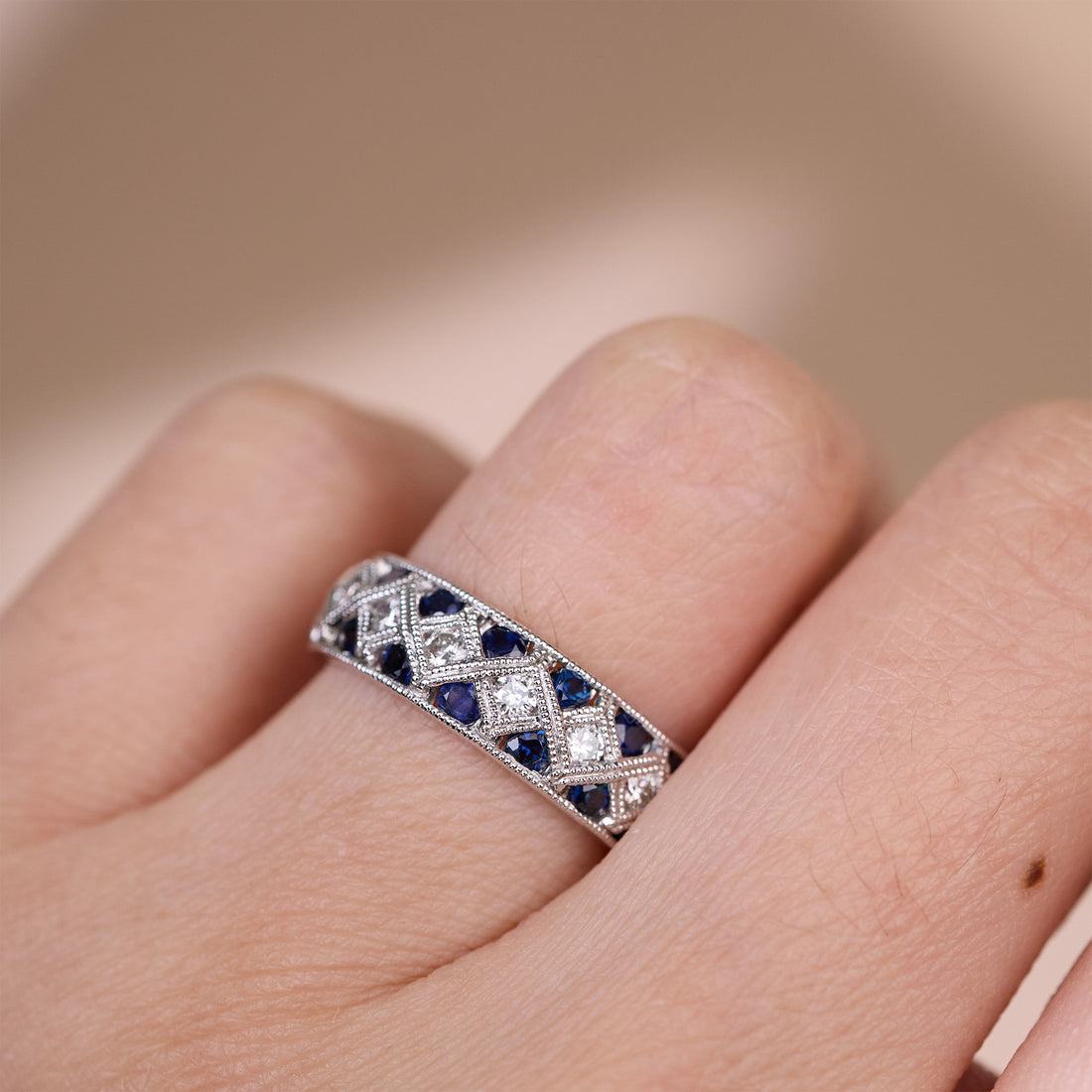 Art Deco Style Diamond and Blue Sapphire Band Ring in 14K Gold - JewelryAndStore