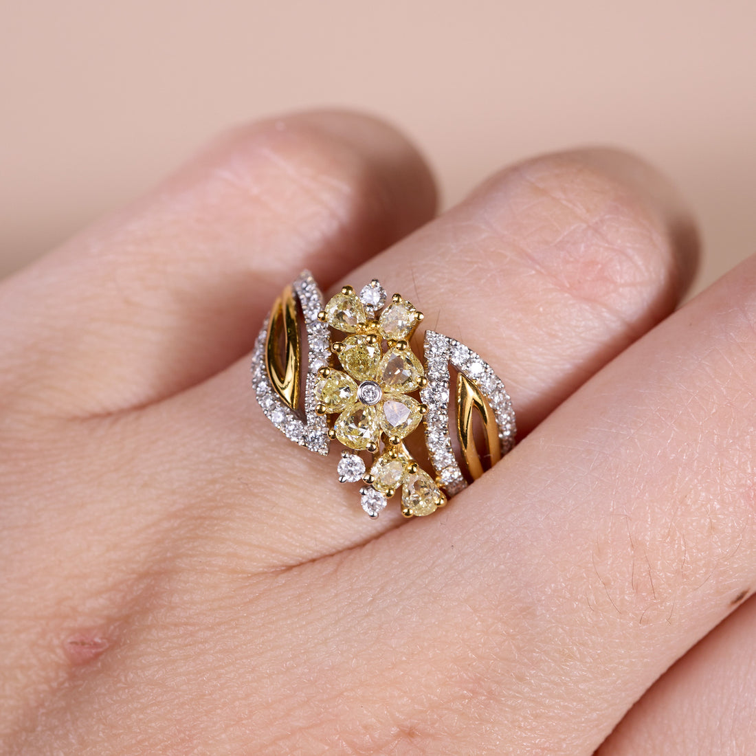 18K Two‑Tone Floral Cluster Ring with Natural Yellow Diamonds - JewelryAndStore