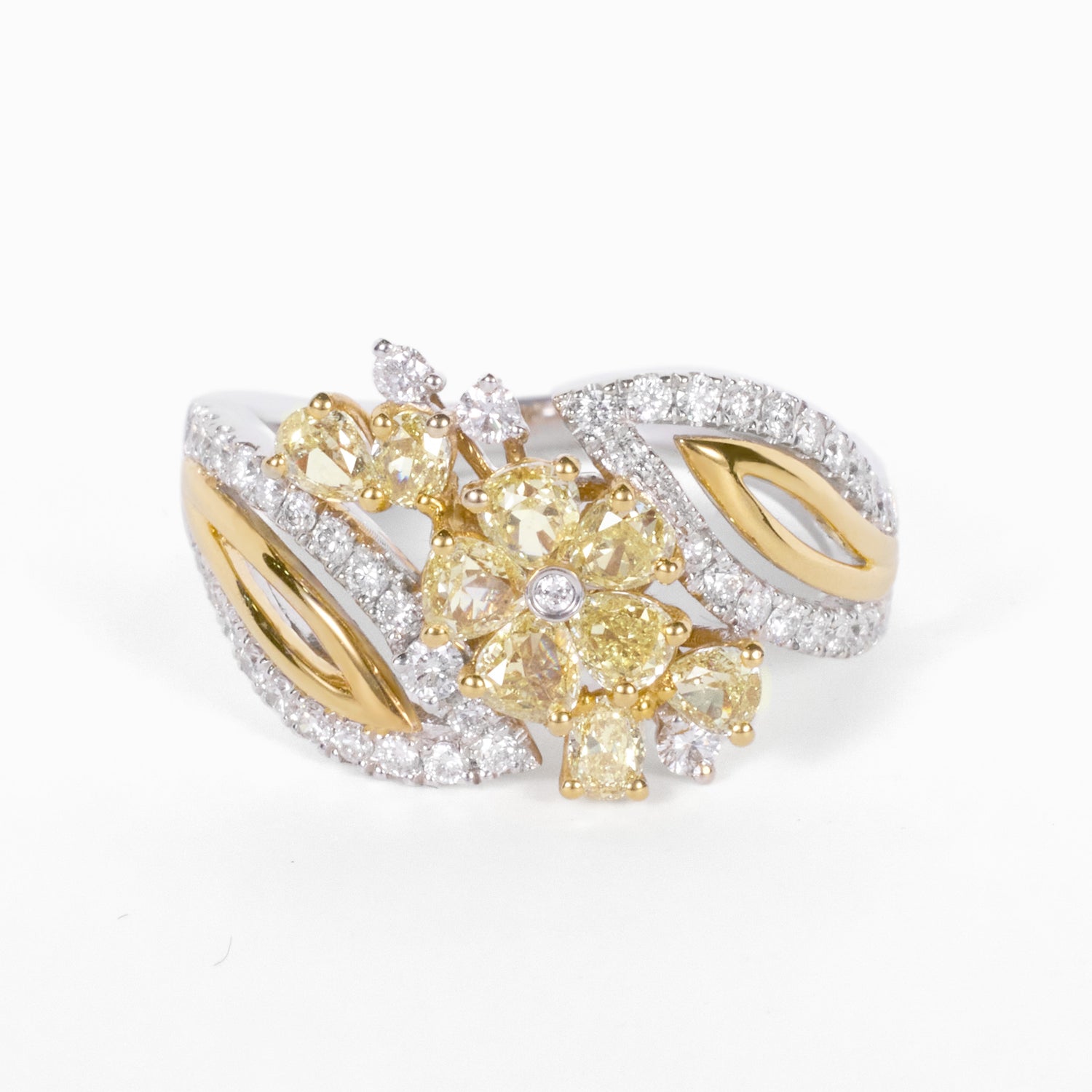18K Two‑Tone Floral Cluster Ring with Natural Yellow Diamonds - JewelryAndStore