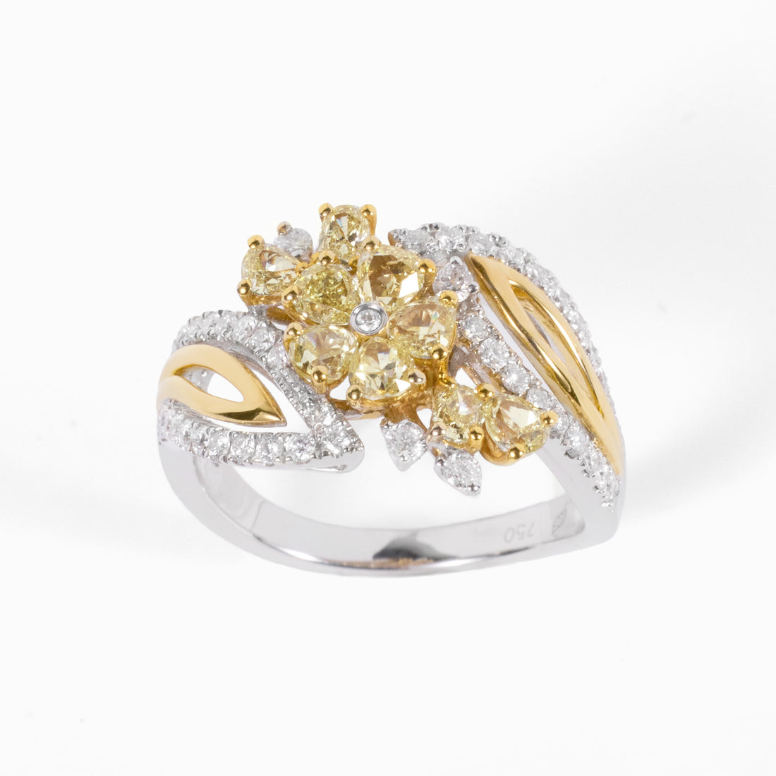 18K Two‑Tone Floral Cluster Ring with Natural Yellow Diamonds - JewelryAndStore