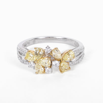 14K Two - Tone Double - Flower Ring with Natural Yellow Diamonds - JewelryAndStore
