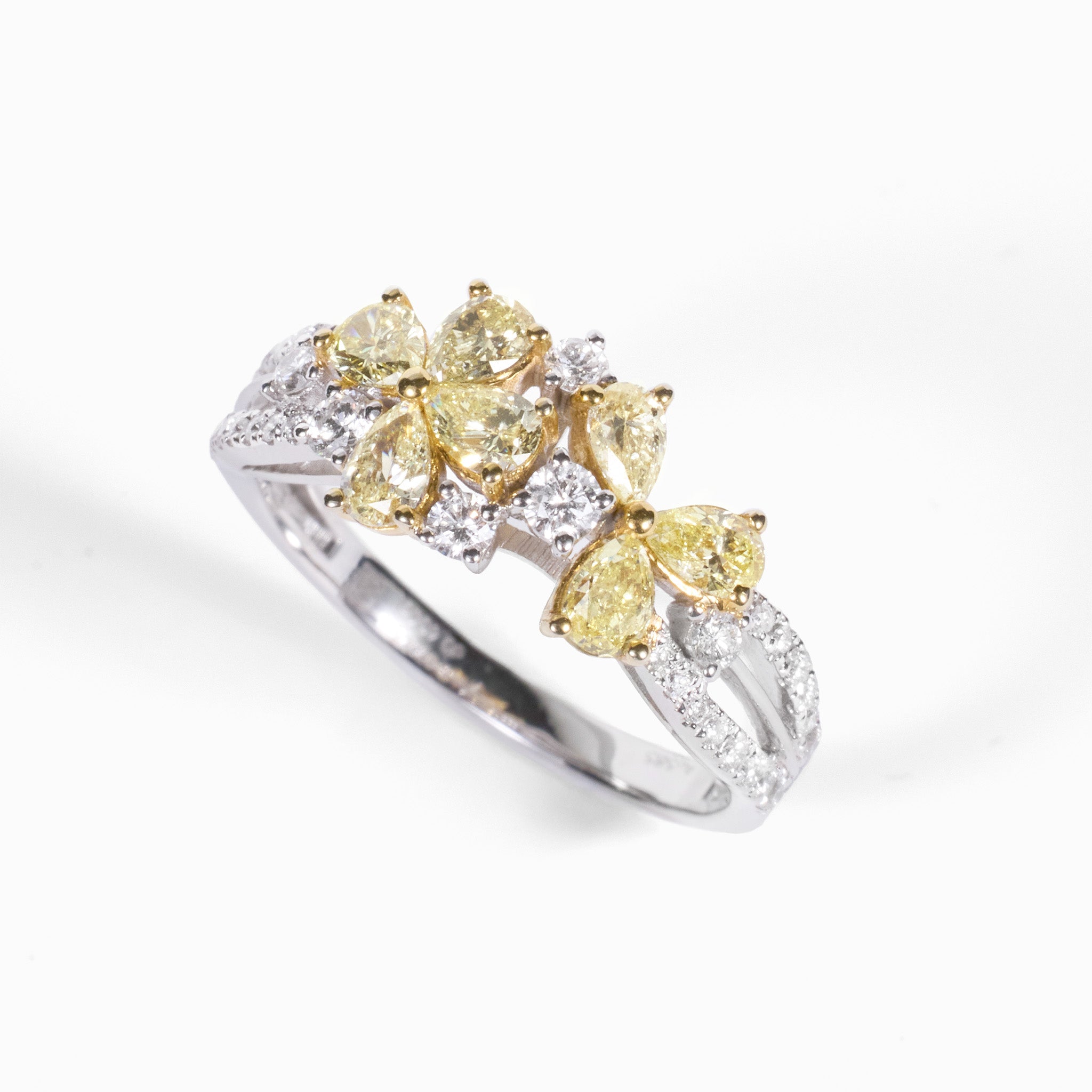 14K Two - Tone Double - Flower Ring with Natural Yellow Diamonds - JewelryAndStore