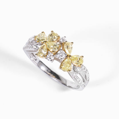 14K Two - Tone Double - Flower Ring with Natural Yellow Diamonds - JewelryAndStore