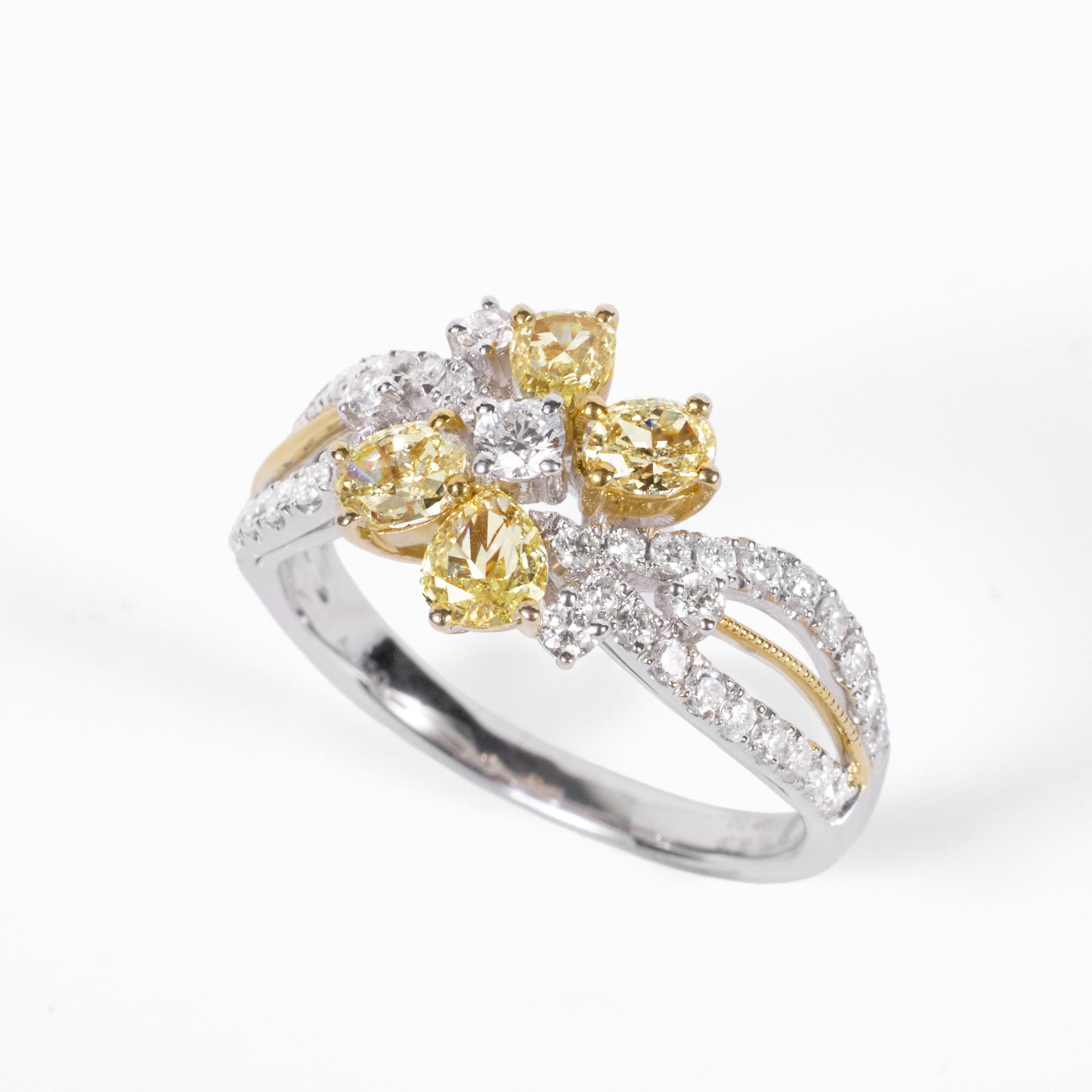 18K Two‑Tone Floral Cluster Ring with Natural Yellow Diamonds - JewelryAndStore