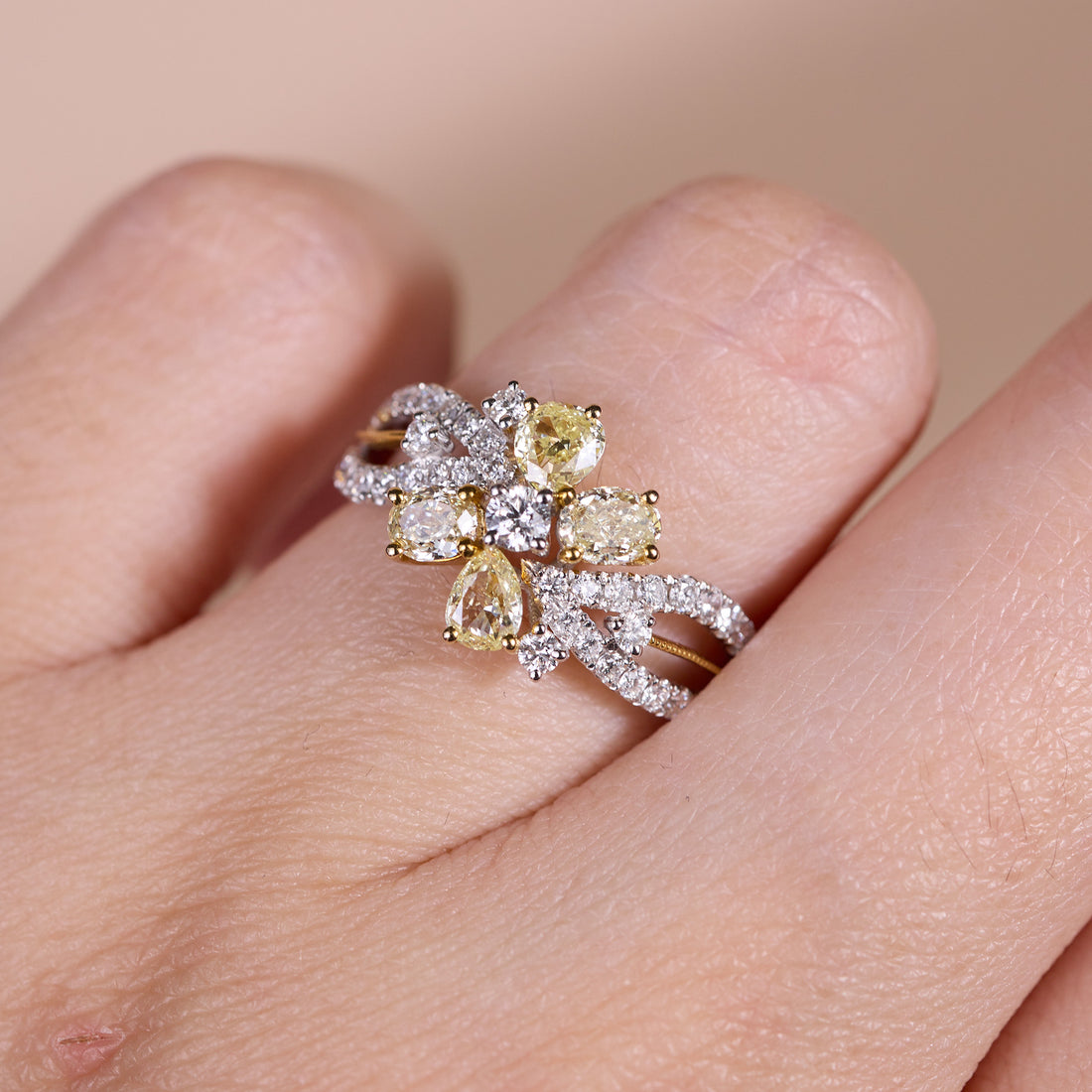 18K Two‑Tone Floral Cluster Ring with Natural Yellow Diamonds - JewelryAndStore
