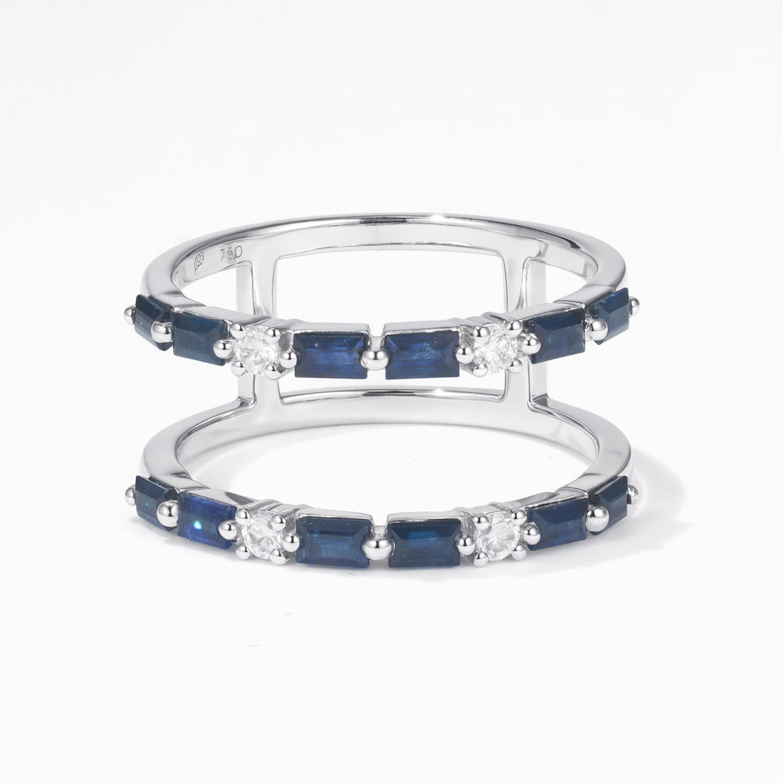Double Row Natural Blue Sapphire and Diamond Ring in 18K White Gold - JewelryAndStore