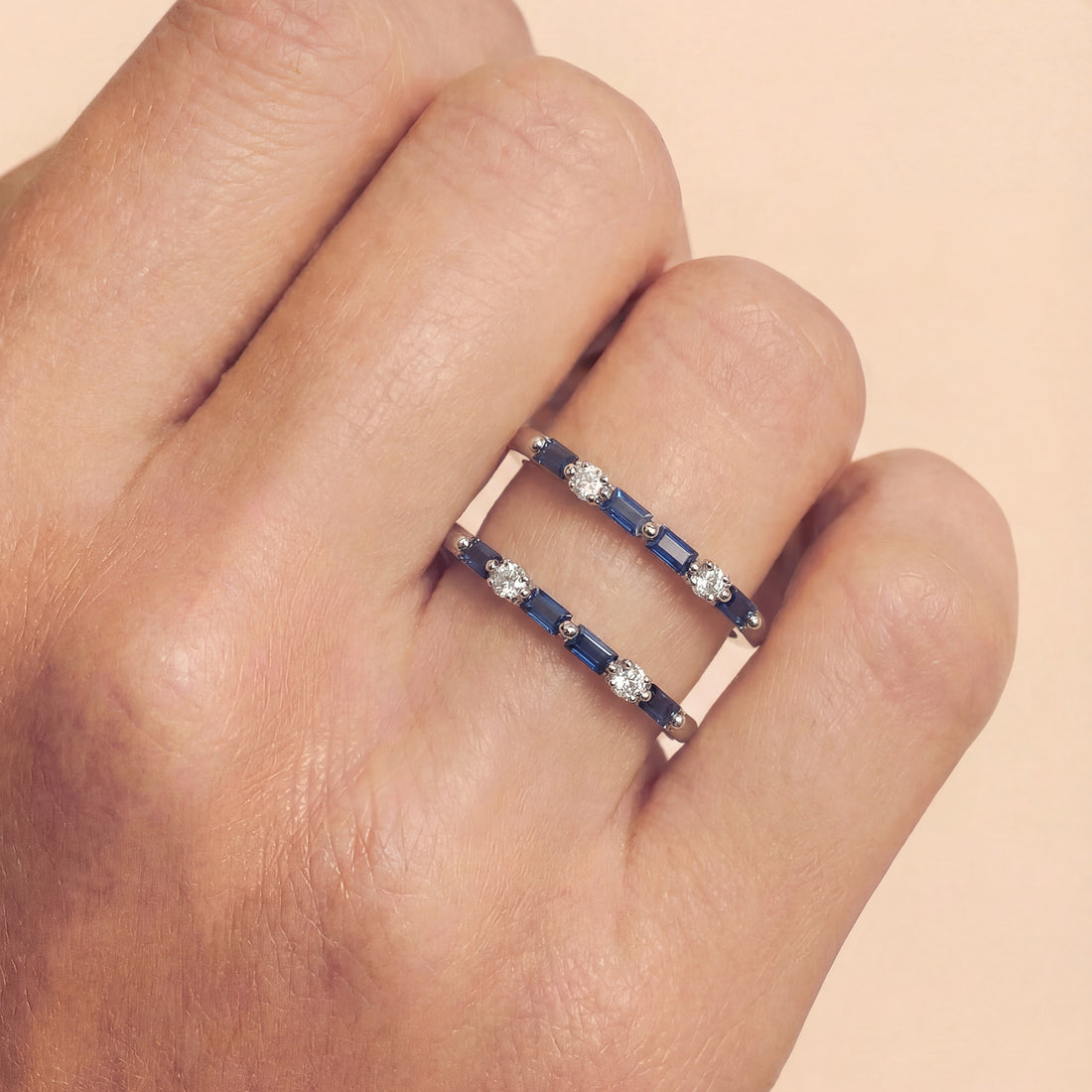 Double Row Natural Blue Sapphire and Diamond Ring in 18K White Gold - JewelryAndStore