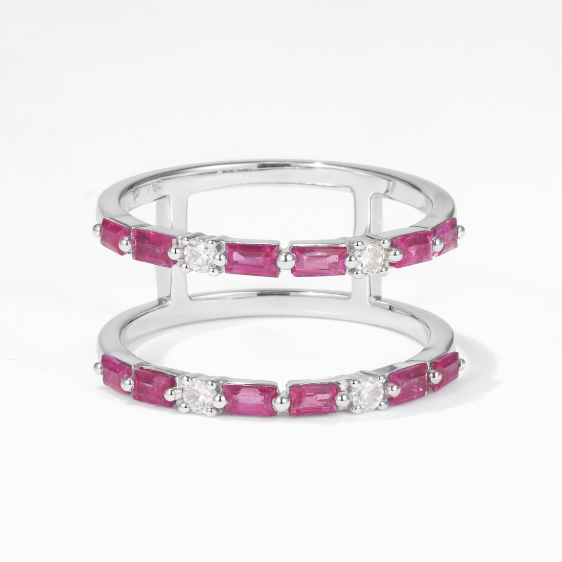 Double Row Natural Ruby and Natural Diamond Ring in 18K White Gold - JewelryAndStore