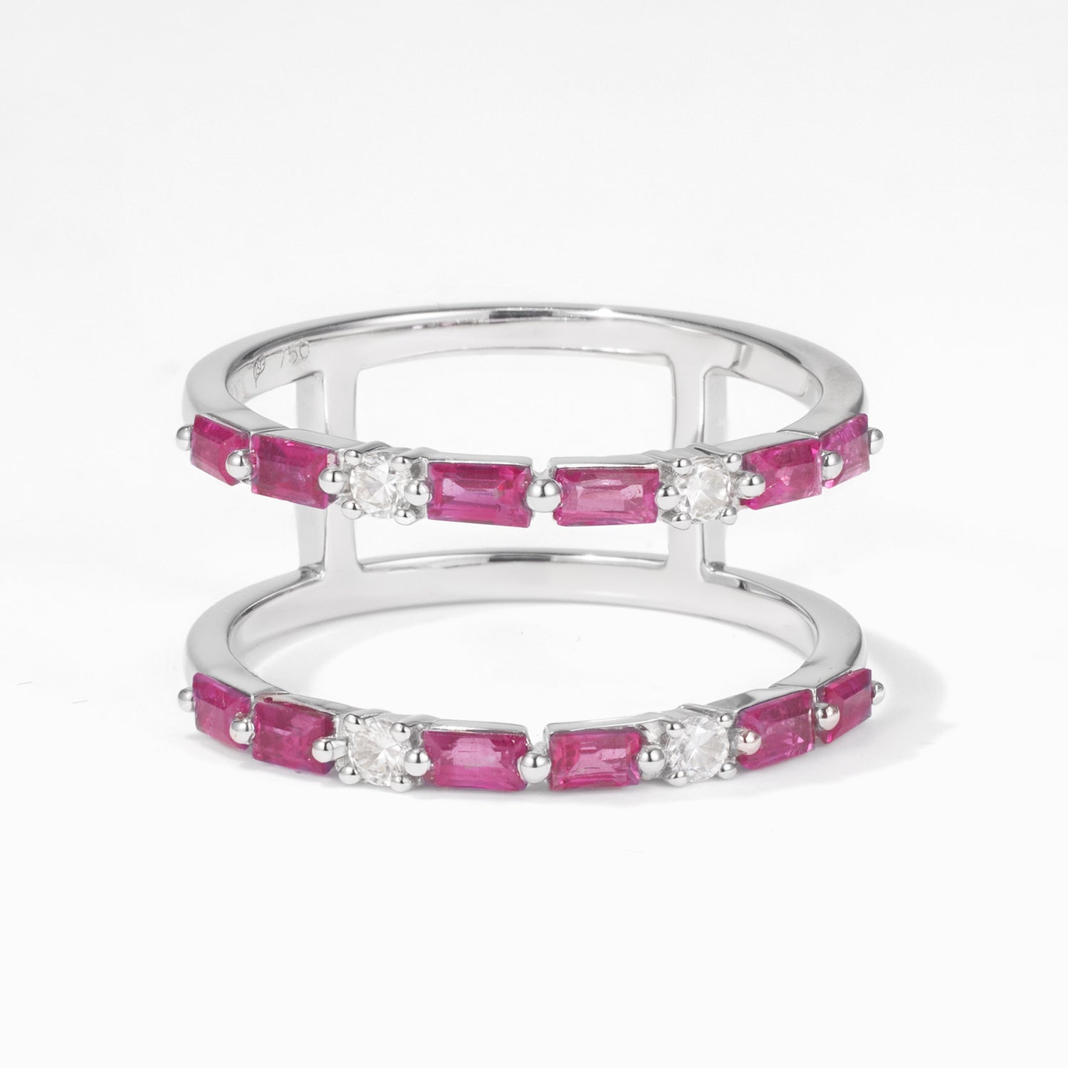 Double Row Natural Ruby and Natural Diamond Ring in 18K White Gold - JewelryAndStore