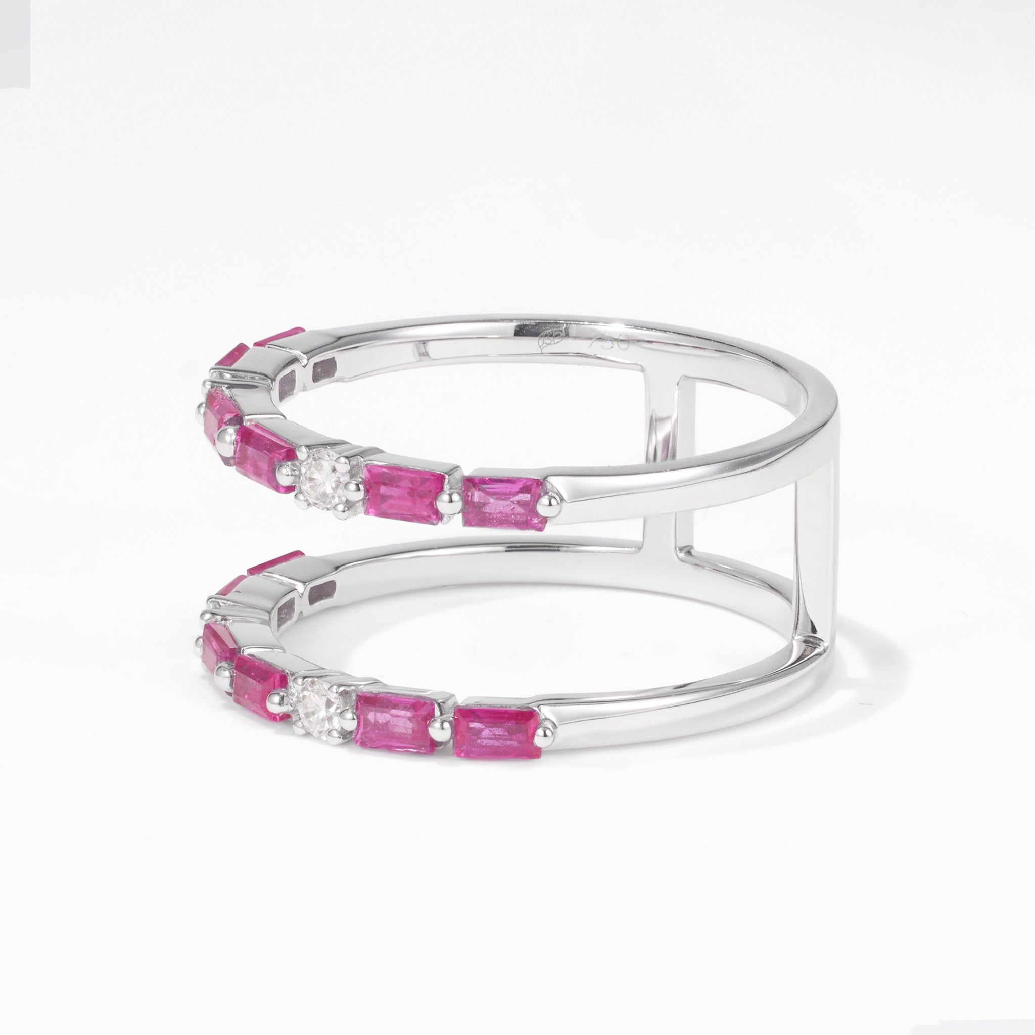 Double Row Natural Ruby and Natural Diamond Ring in 18K White Gold - JewelryAndStore