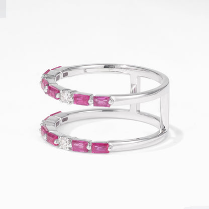 Double Row Natural Ruby and Natural Diamond Ring in 18K White Gold - JewelryAndStore