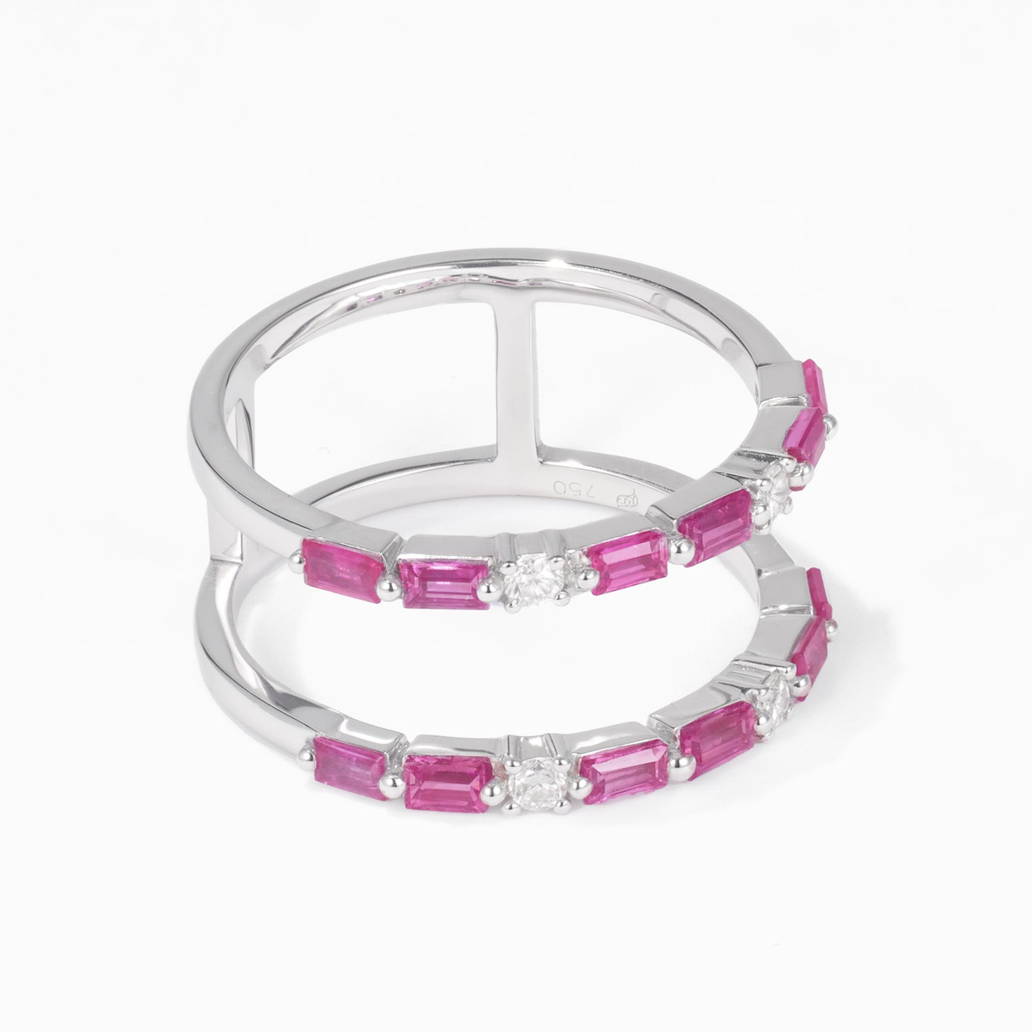 Double Row Natural Ruby and Natural Diamond Ring in 18K White Gold - JewelryAndStore