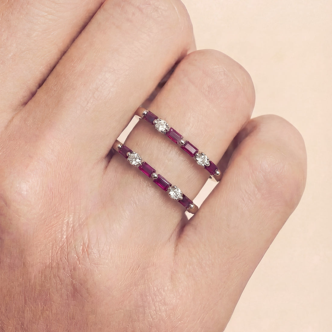 Double Row Natural Ruby and Natural Diamond Ring in 18K White Gold - JewelryAndStore