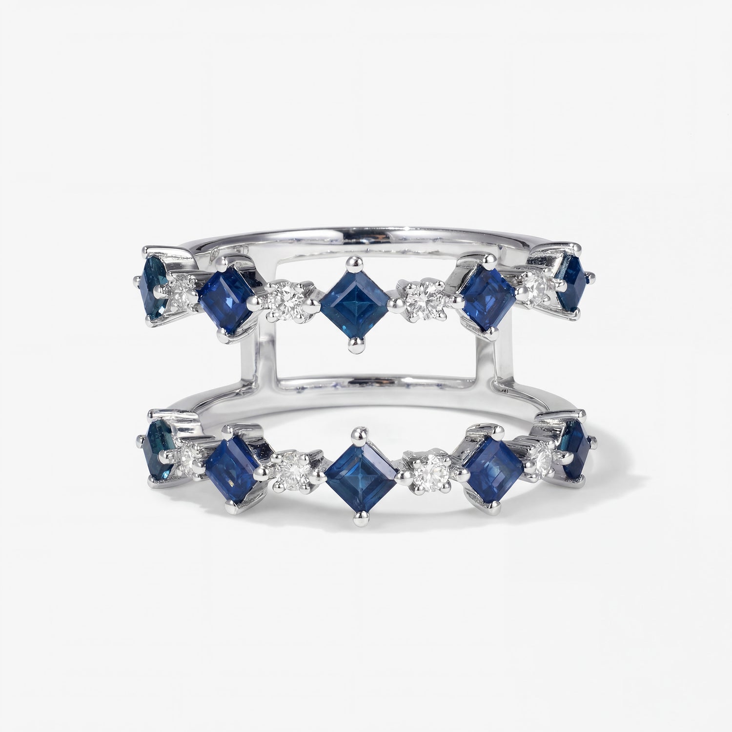 Modern Double Band Blue Sapphire and Diamond Ring in 18K White Gold - JewelryAndStore
