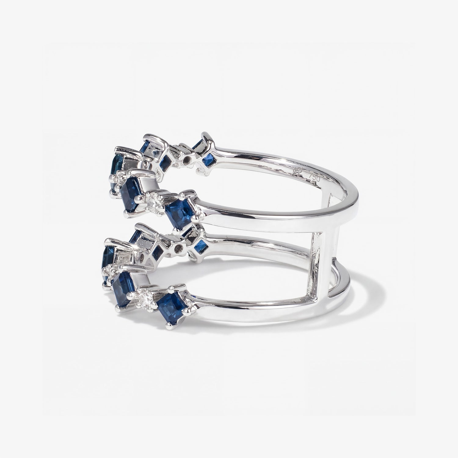 Modern Double Band Blue Sapphire and Diamond Ring in 18K White Gold - JewelryAndStore