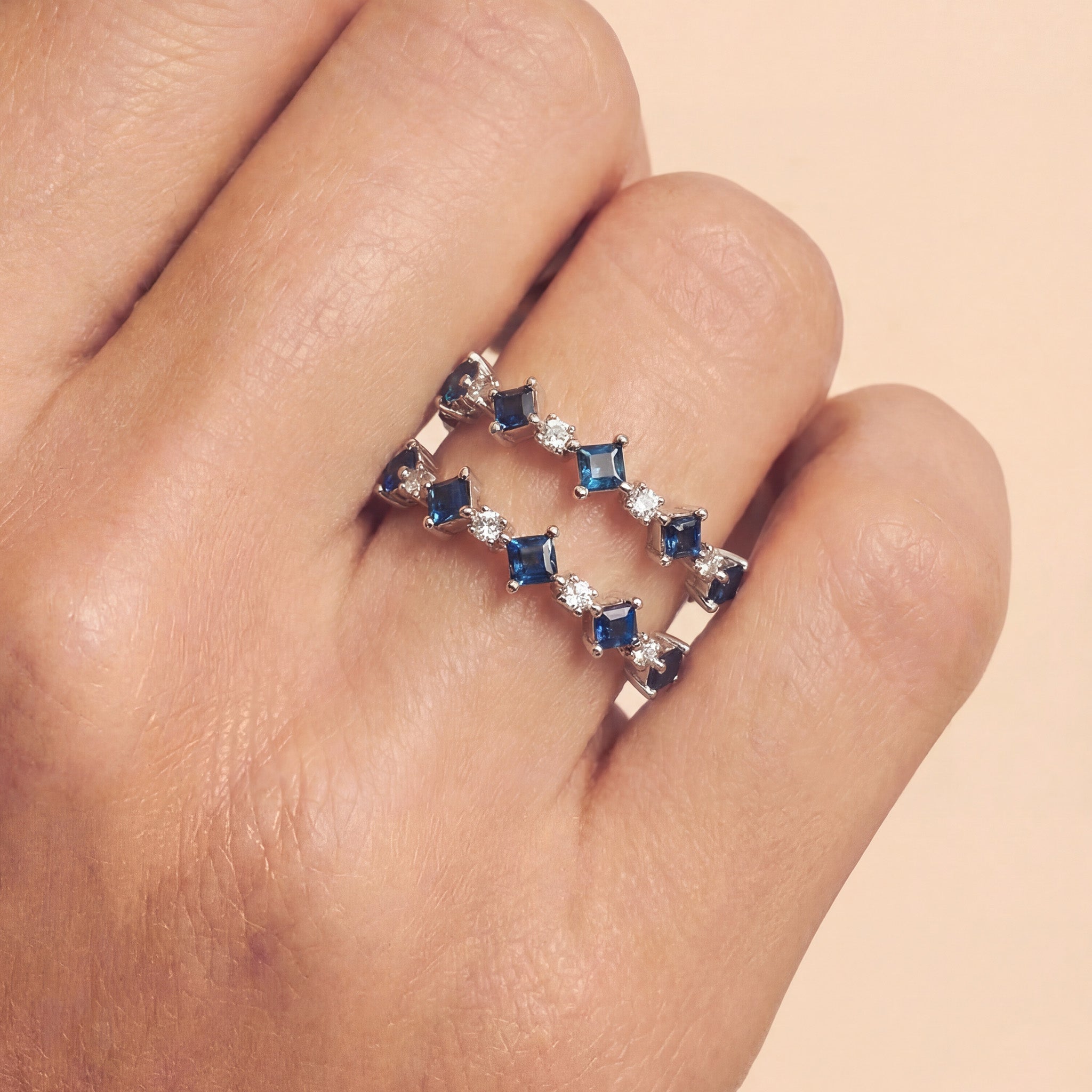 Modern Double Band Blue Sapphire and Diamond Ring in 18K White Gold - JewelryAndStore