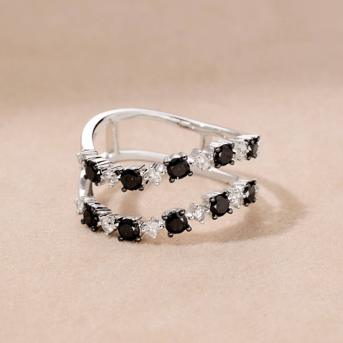 14K Gold Double - Rows Black Diamond Ring - Jewelry And Store