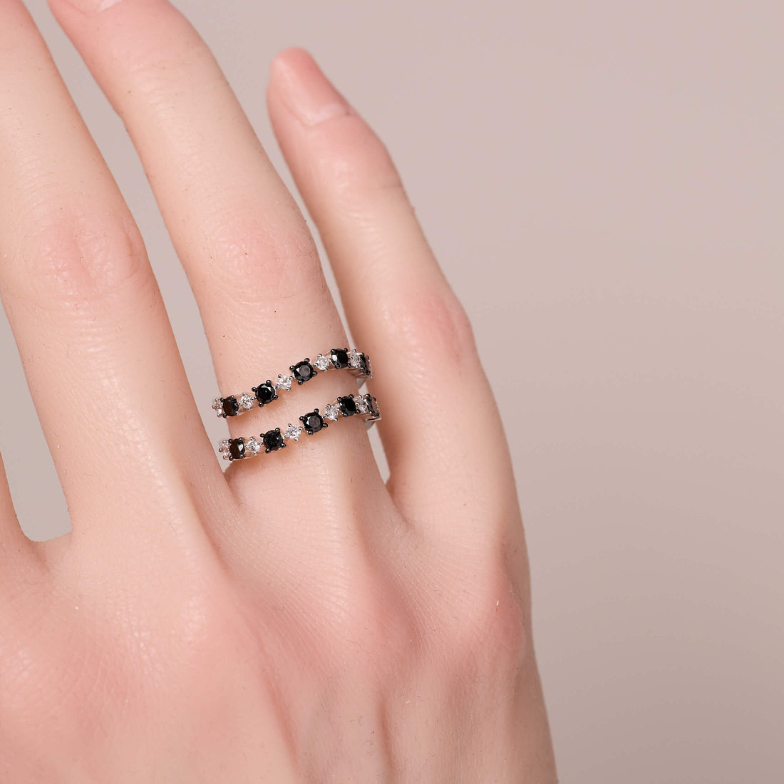 14K Gold Double - Rows Black Diamond Ring - Jewelry And Store