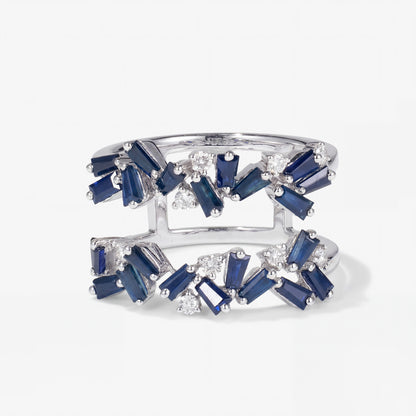 Natural Blue Sapphire and Diamond Double Row Ring in 18K White Gold - JewelryAndStore