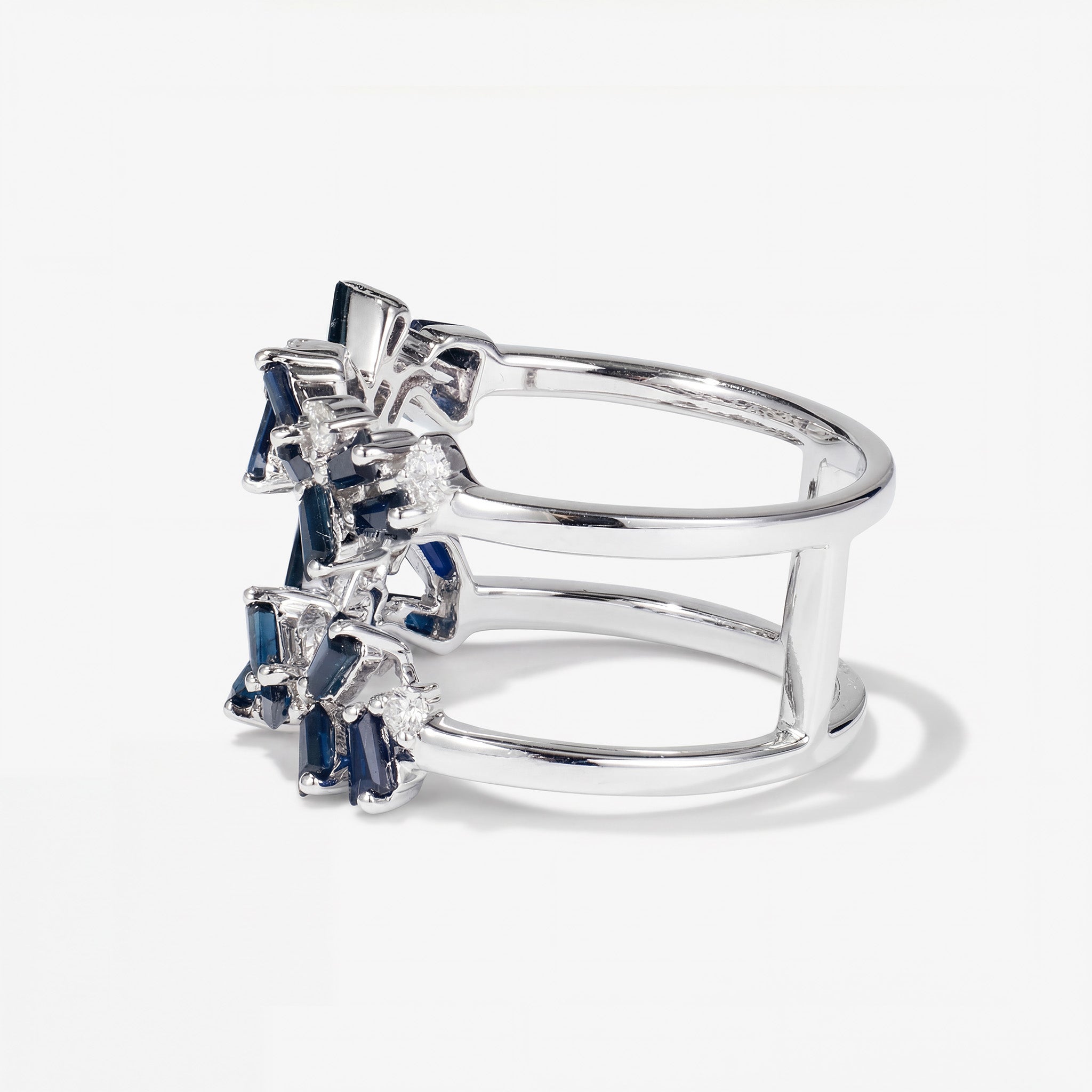 Natural Blue Sapphire and Diamond Double Row Ring in 18K White Gold - JewelryAndStore