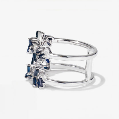 Natural Blue Sapphire and Diamond Double Row Ring in 18K White Gold - JewelryAndStore