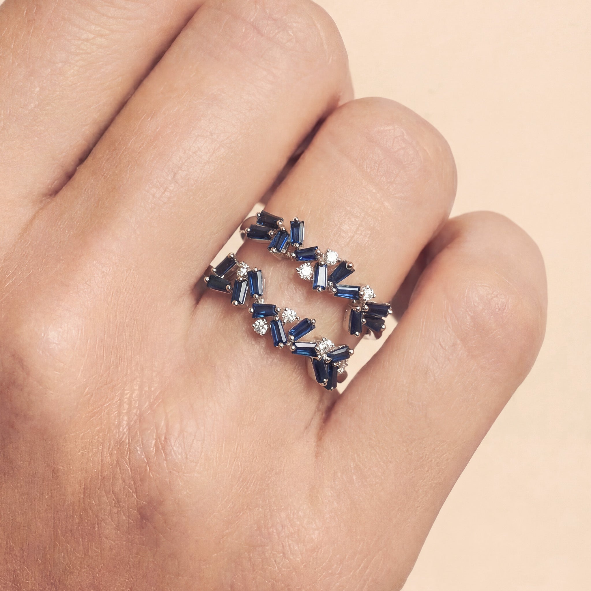 Natural Blue Sapphire and Diamond Double Row Ring in 18K White Gold - JewelryAndStore