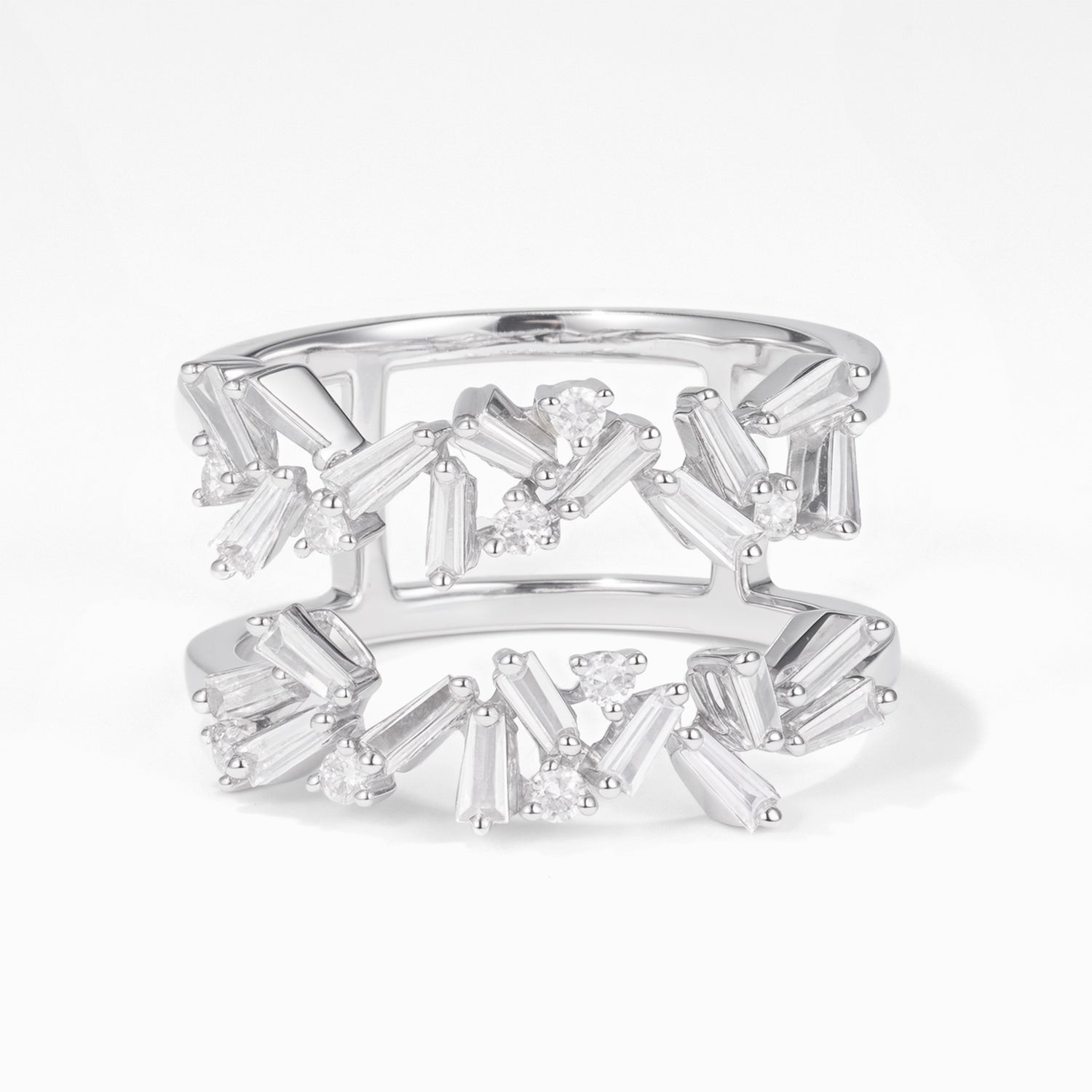 Natural Baguette and Round Diamond Double Row Ring in 18K White Gold - JewelryAndStore