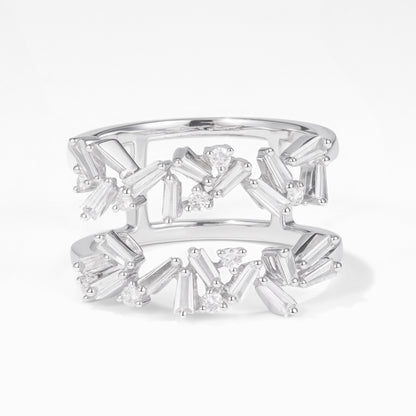 Natural Baguette and Round Diamond Double Row Ring in 18K White Gold - JewelryAndStore