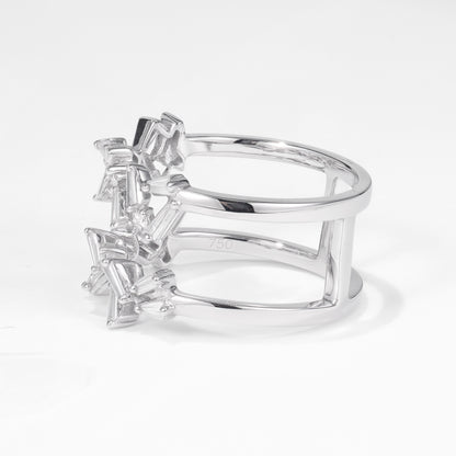 Natural Baguette and Round Diamond Double Row Ring in 18K White Gold - JewelryAndStore