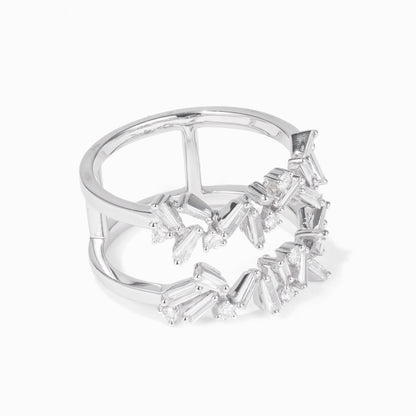 Natural Baguette and Round Diamond Double Row Ring in 18K White Gold - JewelryAndStore