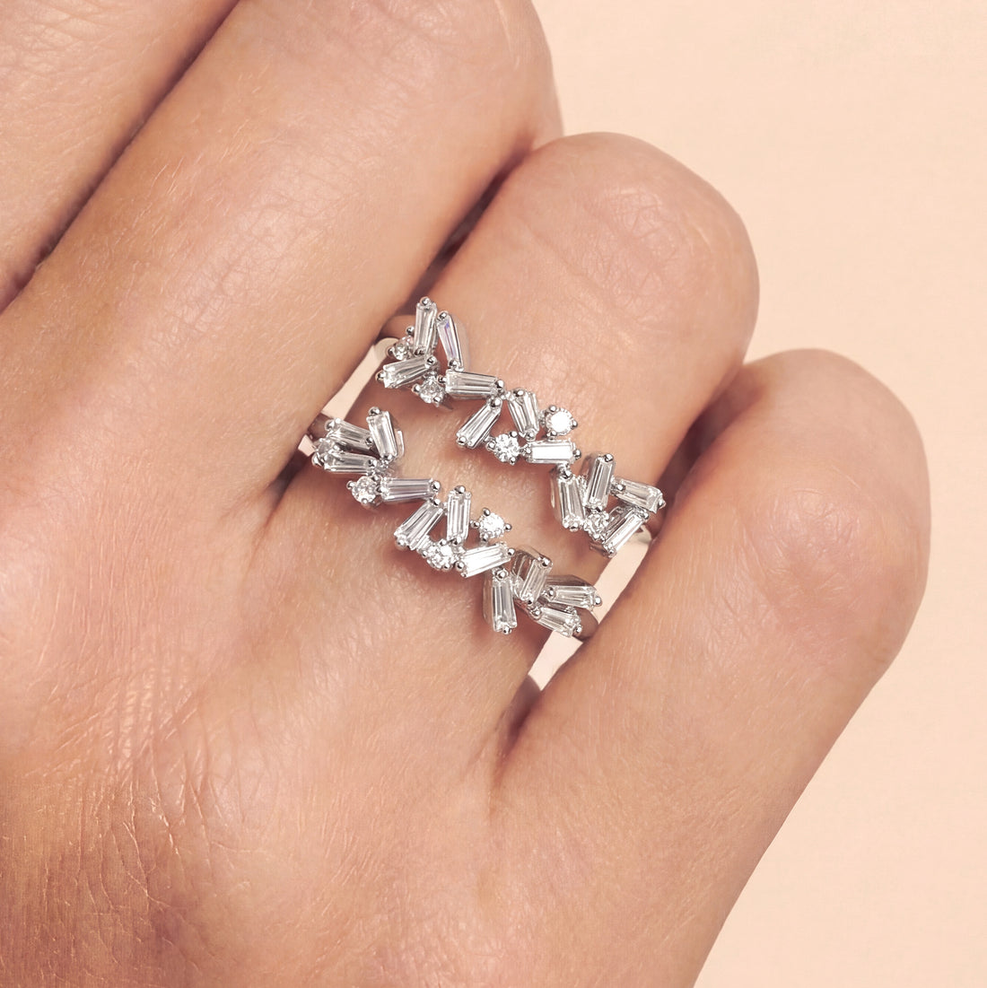 Natural Baguette and Round Diamond Double Row Ring in 18K White Gold - JewelryAndStore