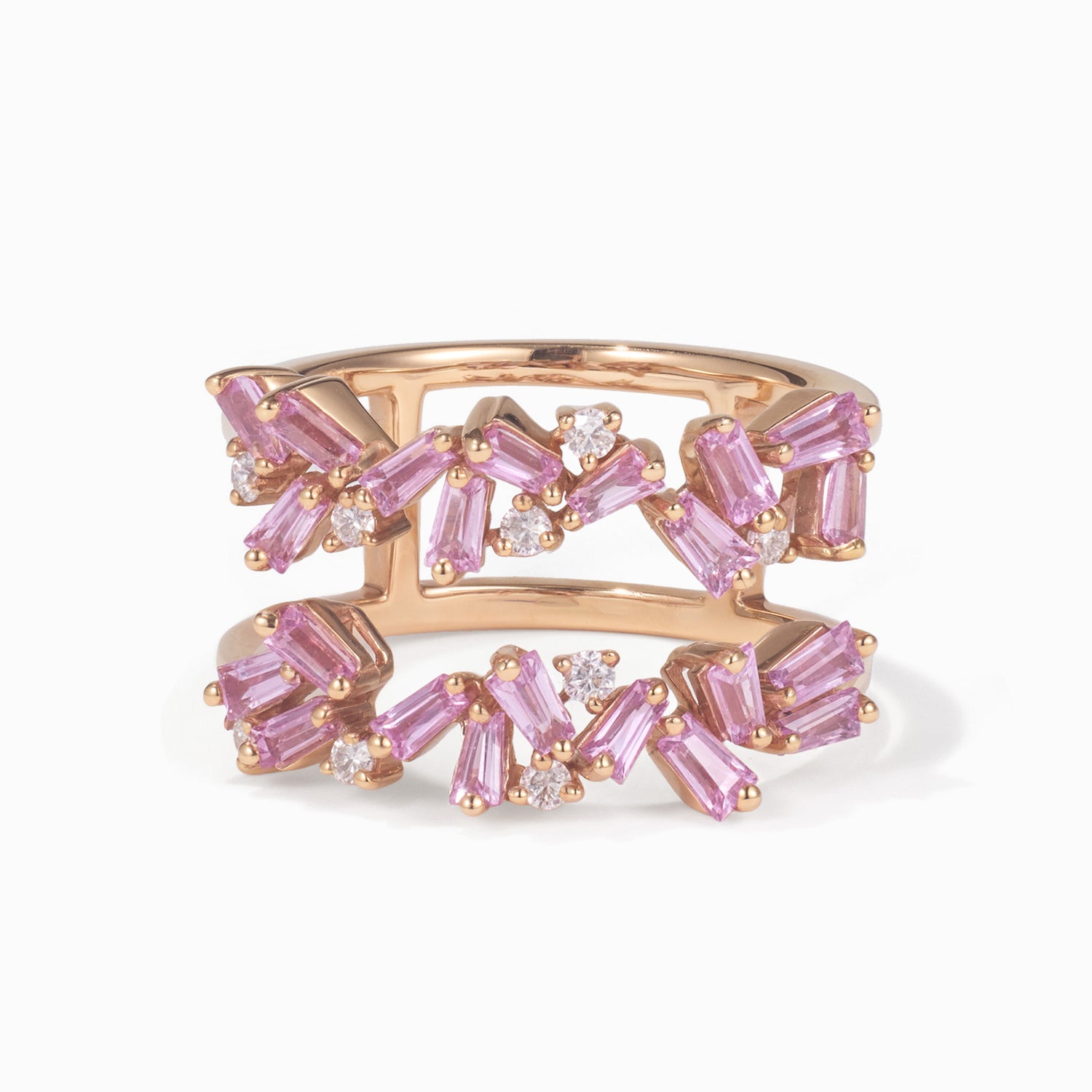 Natural Pink Sapphire and Diamond Double Row Ring in 18K Rose Gold - JewelryAndStore