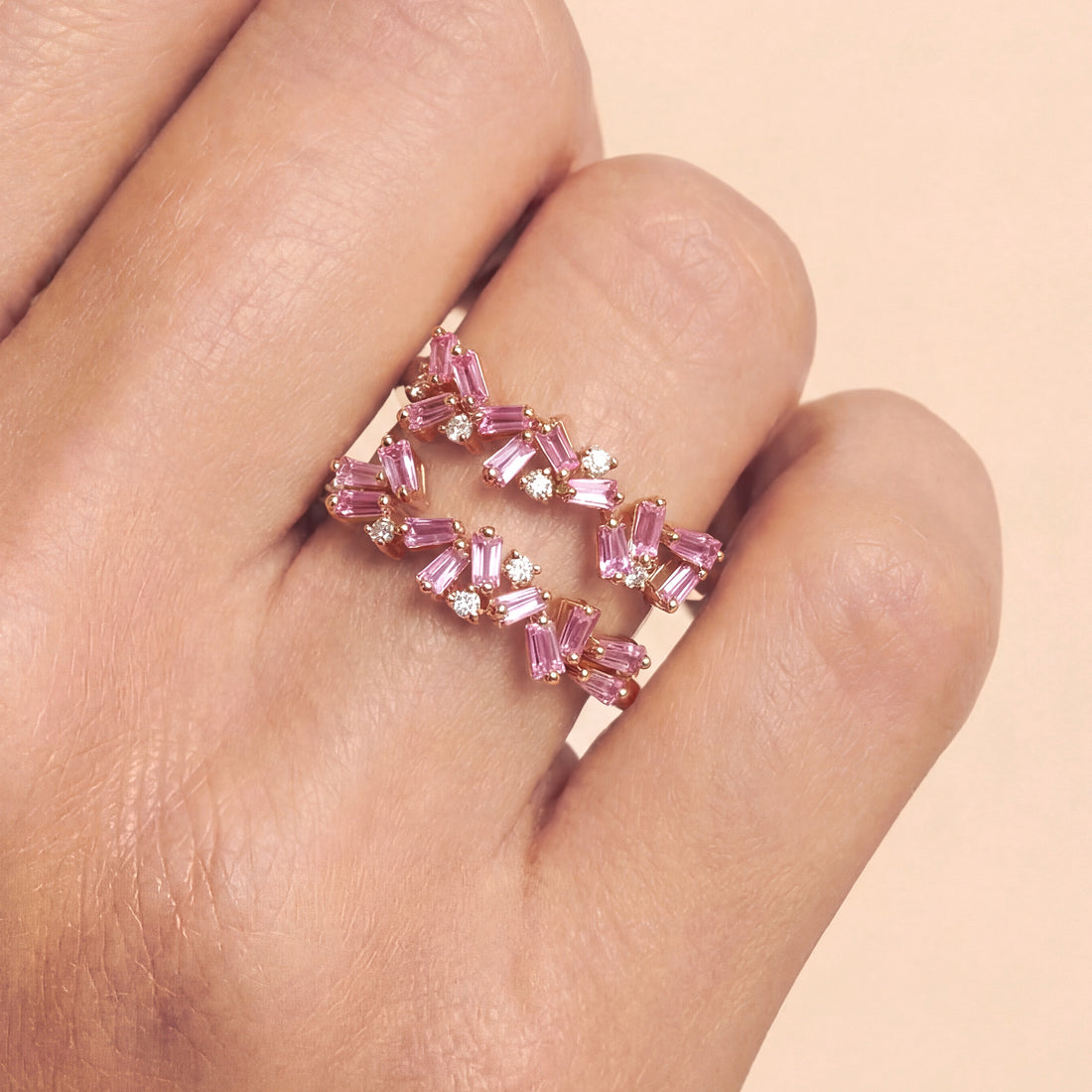 Natural Pink Sapphire and Diamond Double Row Ring in 18K Rose Gold - JewelryAndStore